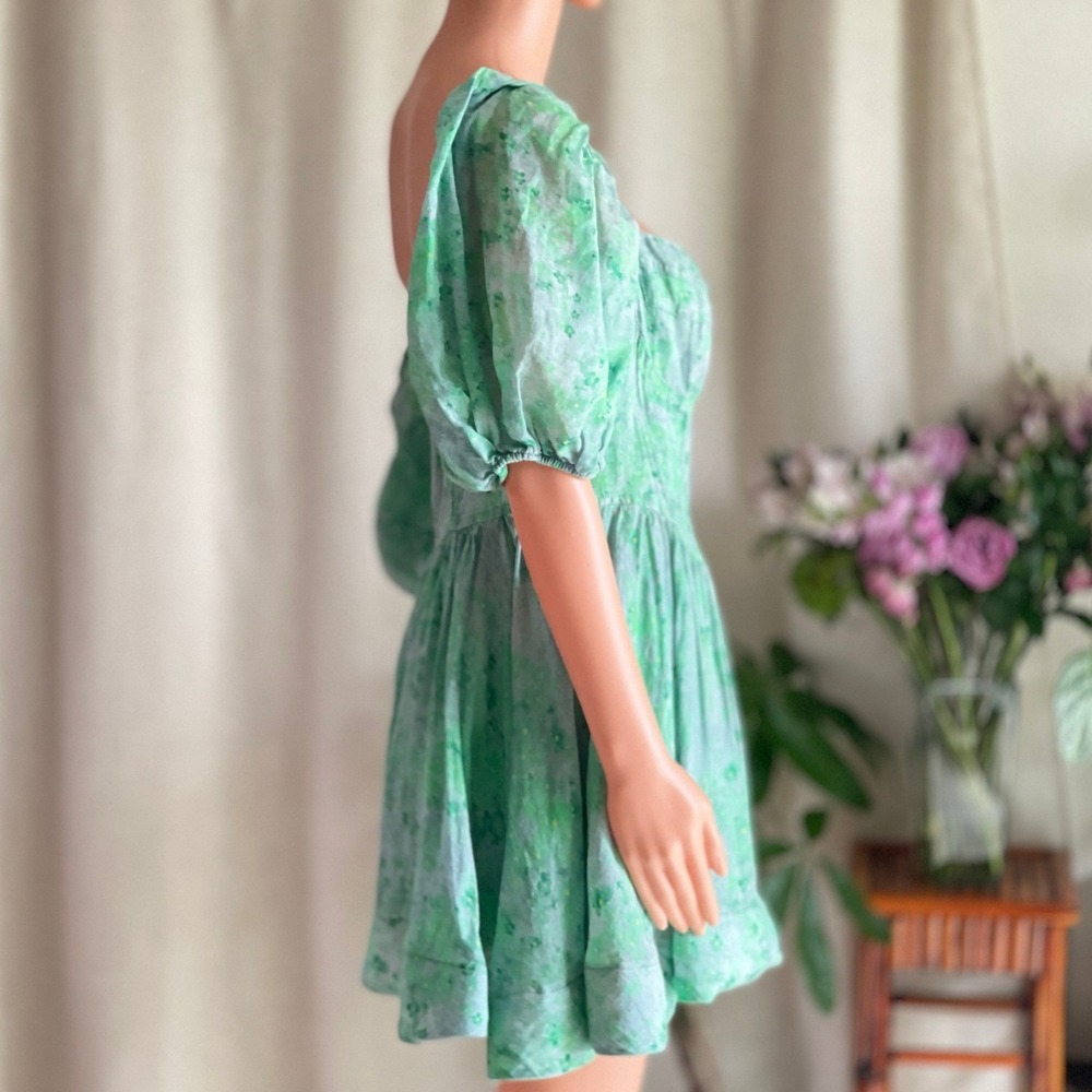Bardot Kiah Floral Puff Sleeve Corset Mini Dress Green Ramie Cottagecore Size 10 - Picture 3 of 7
